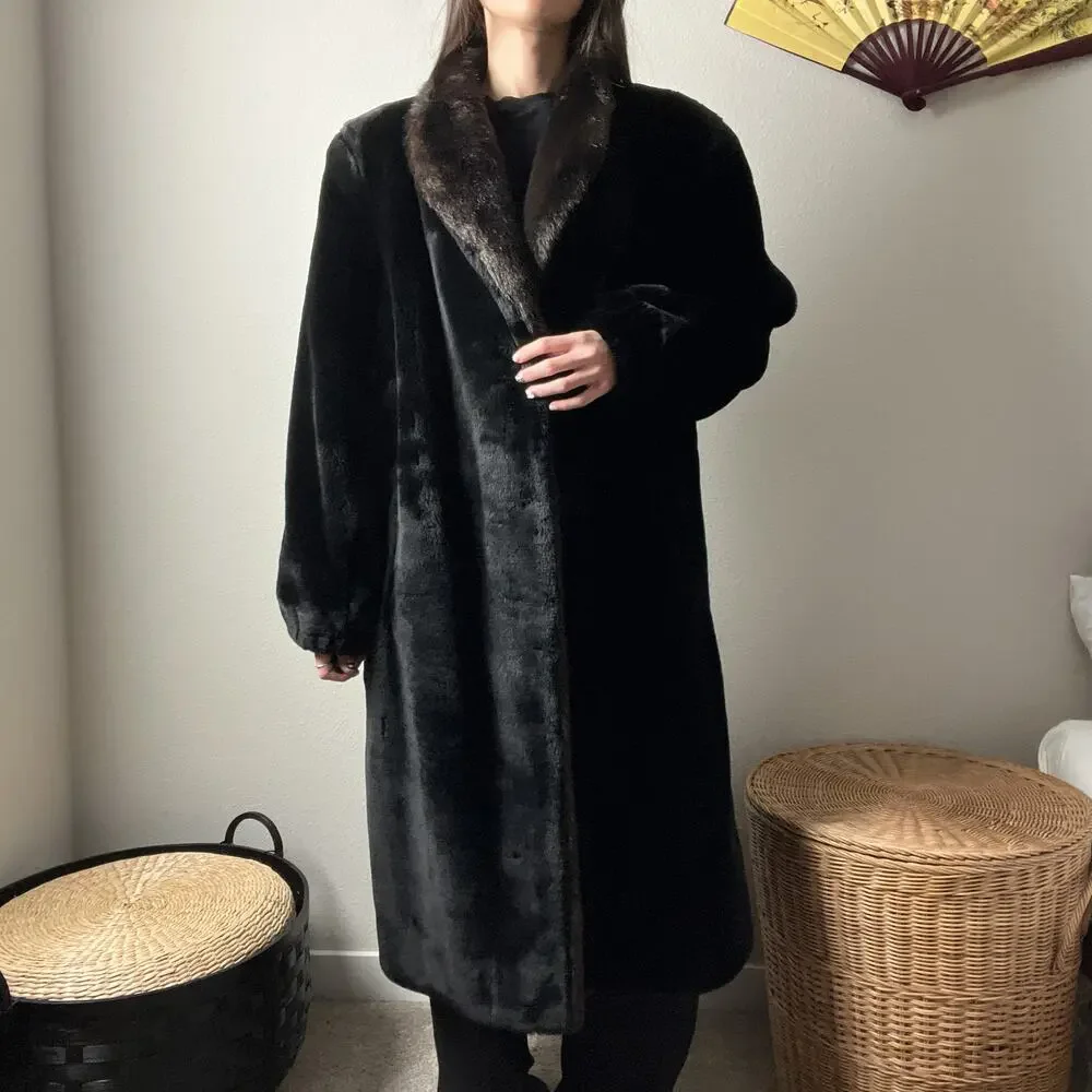 80s vintage black brown minimalist classic faux fur long winter coat - Picture 3 of 8